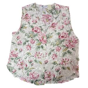Cottage Core Basic Floral Button Front Top Pink Green‎ Blouse Shirt Size S/M
